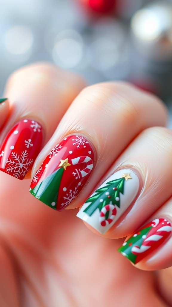 Homemade Christmas Nail Art for Short Nails Short nails decorated with Christmas-themed nail art including snowflakes, trees, and candy canes.